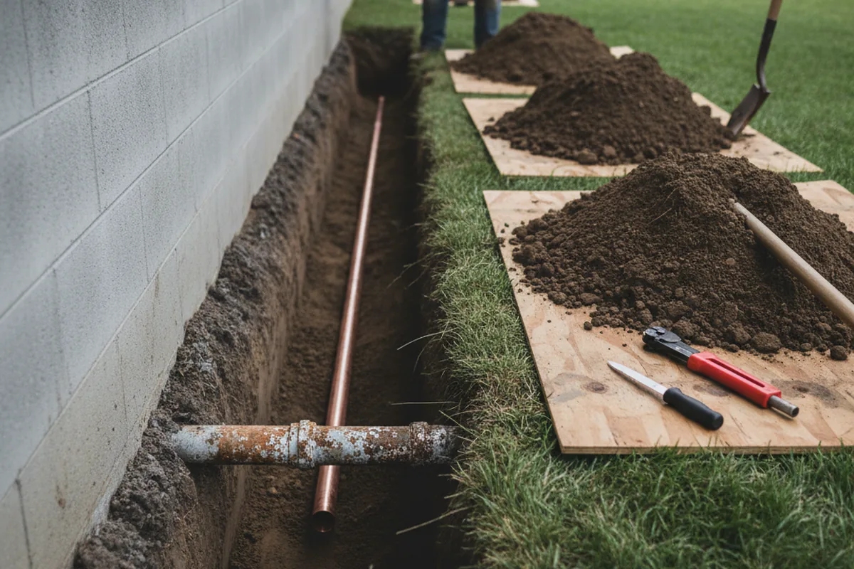 Excavated water line trench during Water Softener Installation in Port Penn